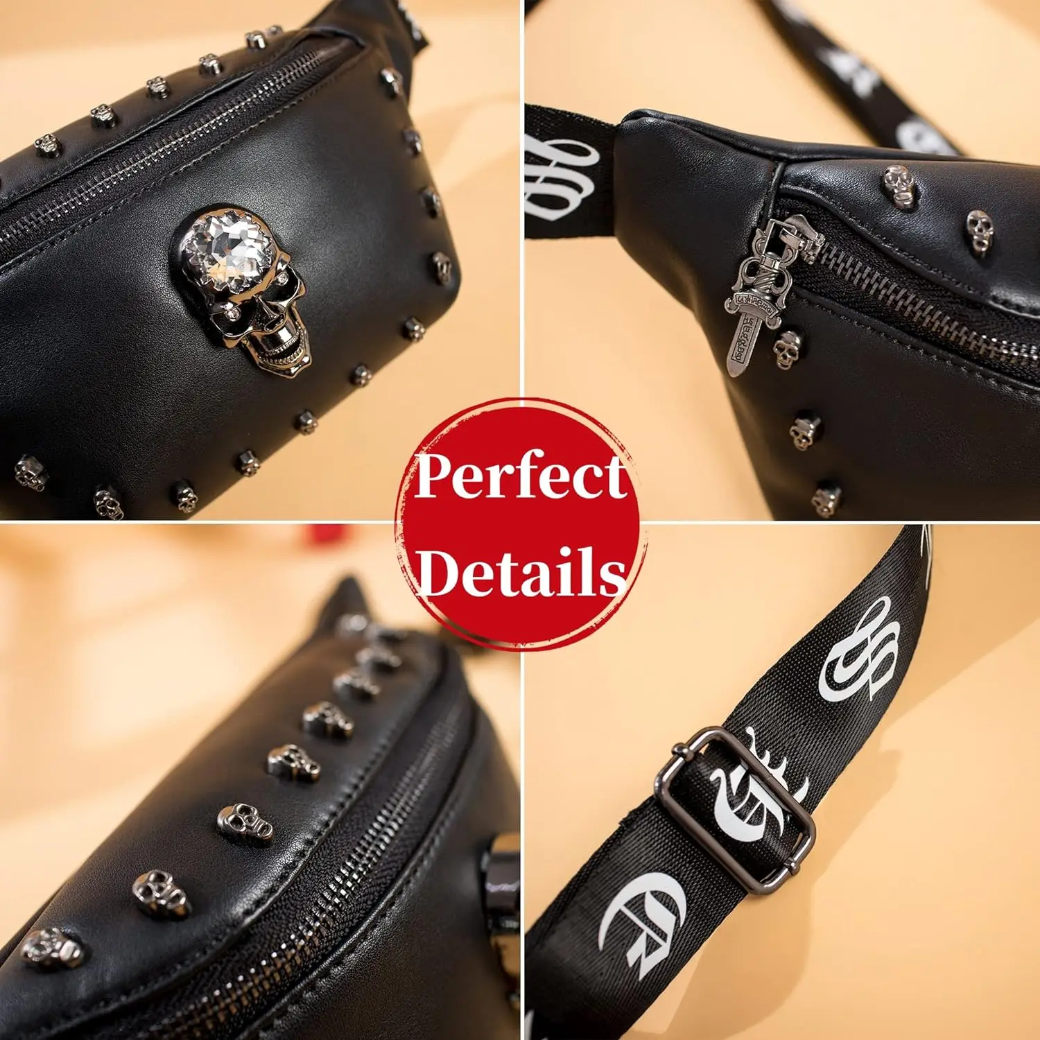 Fashion Leather Waist Bag Black Skull Design Bum Bags Crossbody Belt Bag Waist Pack for Holiday Festival Travel Running Hiking