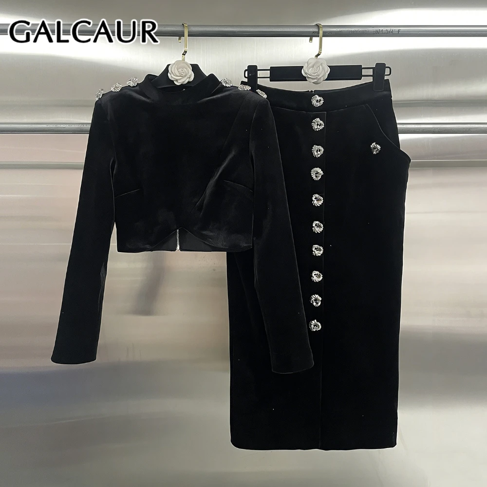 

GALCAUR Solid Slimming Spliced Diamonds Two Piece Sets for Women Round Neck Long Sleeveless Patchwork Pockets Skirt Sets Female