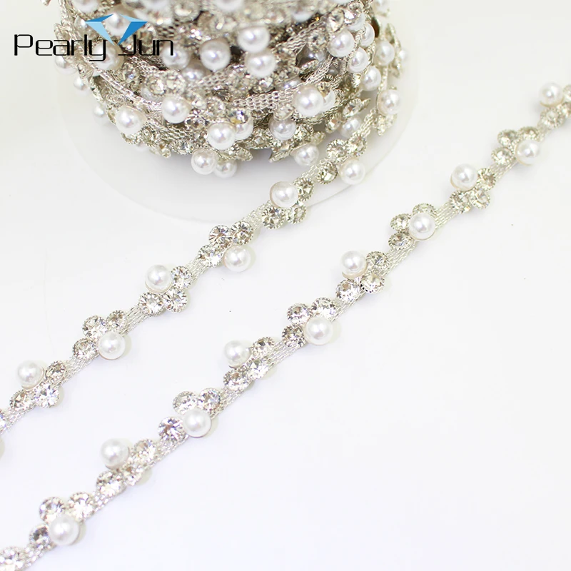 1/5 Yards Three Drill One Pearl Metal Chain DIY Decoration Crystal Rhinestone Trim For Clothing Shoes Bags Accessories ML166