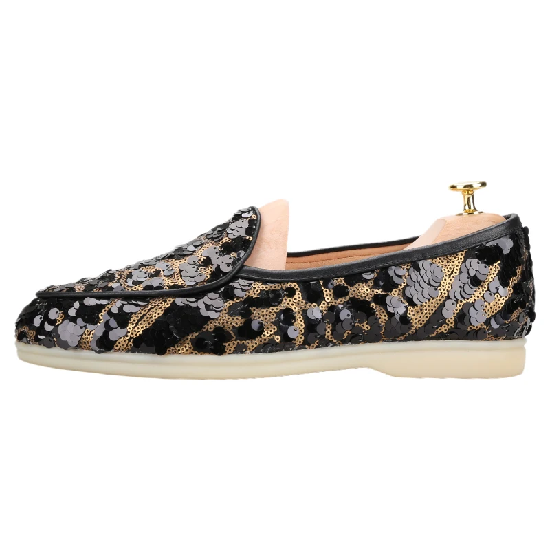 PPiergitar Handcrafted Gold And Black Sequin Cloth Men's Slip-on Trainers Breathable Leather Insole Sneakers White Rubber Bottom