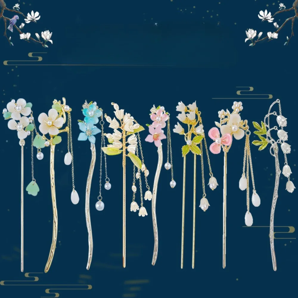 1pc Chinese Ancient Style Hair Accessories Flower Lily Of The Valley Tassel Hairpins Costume Hanfu Hair Stick For Women Men Gift