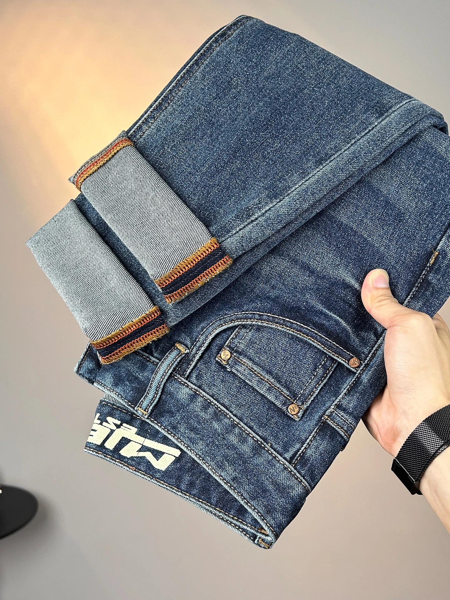 

Удобные эластичные мужские джинсы в гонконгском стиле, повседневные, прямого кроя, осенне-зимние, новая модная коллекция, из смесового хлопка и полиэстера