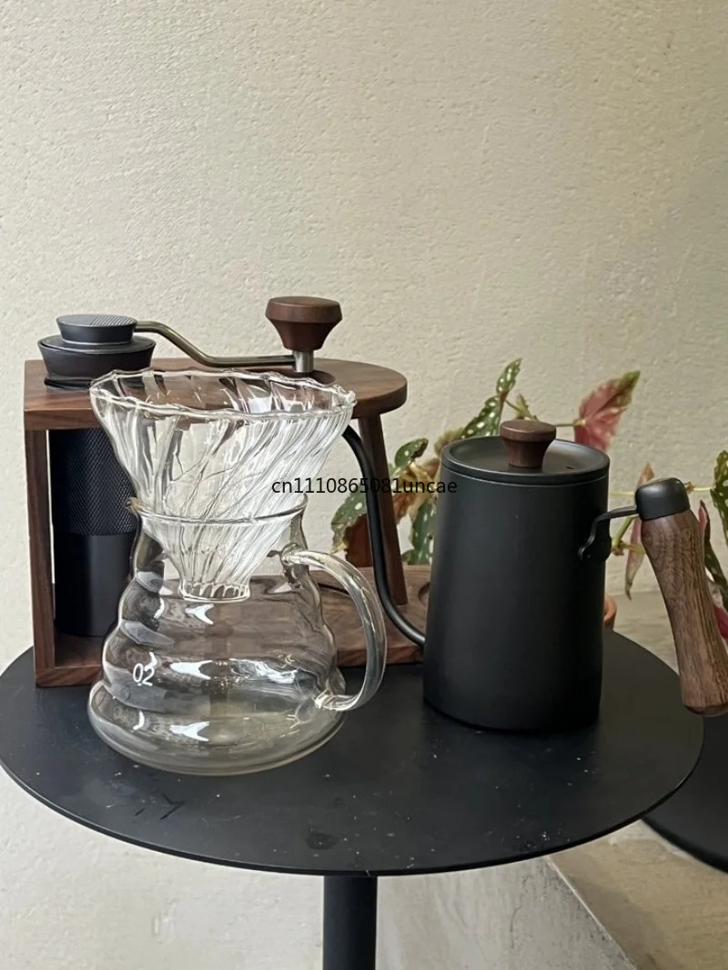 Hand-cranked coffee bean grinder, coffee bean grinder, solid wood storage bracket, coffee hand-brewed pot set, gift box.