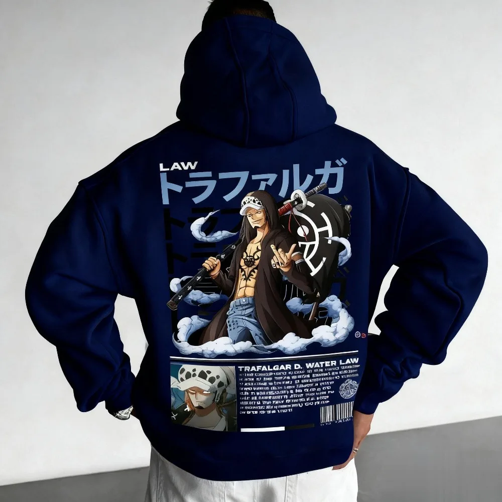 เสื้อฮู้ดลายการ์ตูนวันพีซ ตราฟัลการ์ ลอว์ สีดำ สไตล์ลำลองสำหรับผู้ชาย แฟชั่นใหม่ประจำปี 2025 สำหรับฤดูใบไม้ร่วงและฤดูหนาว