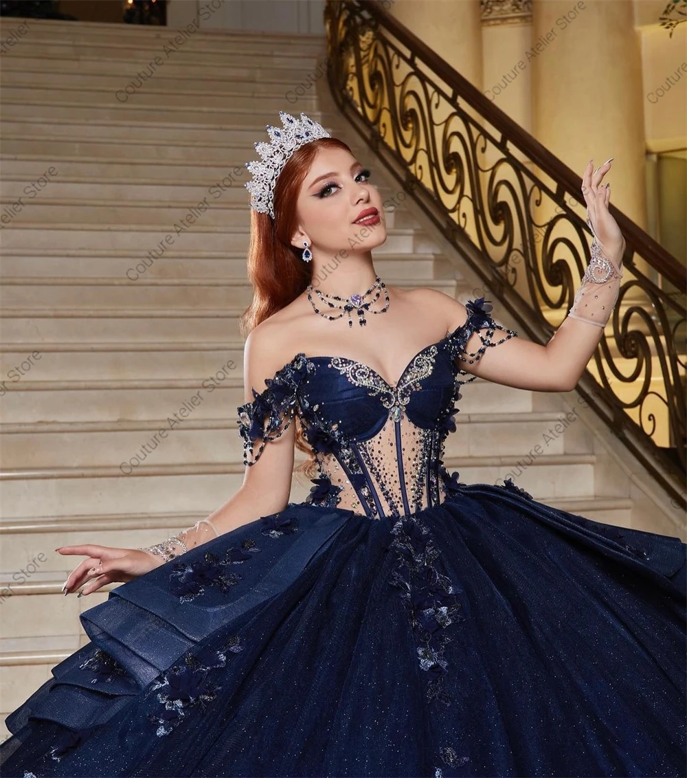 Off Shoulder granatowe sukienki na quinceanera zroszony koronkowe aplikacje suknia balowa Pincess Ruffles meksykańska słodka 15. sukienka dostosowana