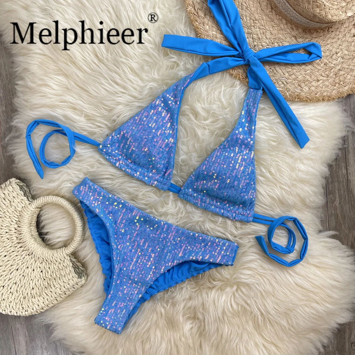 

Melphieer Resort Halterneck Ruched Bum Detail Sequin Sparkle Bikini Set Boho Island Cute Sexy Vacation Summer Beach Swimwear