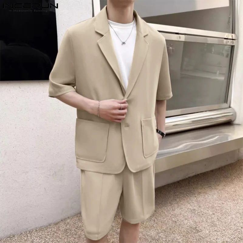 INCERUN 2024 Men Sets Solid Color Summer Lapel Short Sleeve Blazer & Shorts Two Pieces Sets Streetwear Men's Casual Suits S-5XL