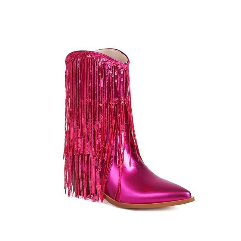 2024 Four Seasons Universal New Fashion Solid Color Sequin Tassel Boots Women's Boots Rider Boots Block Heel Fashion Boots