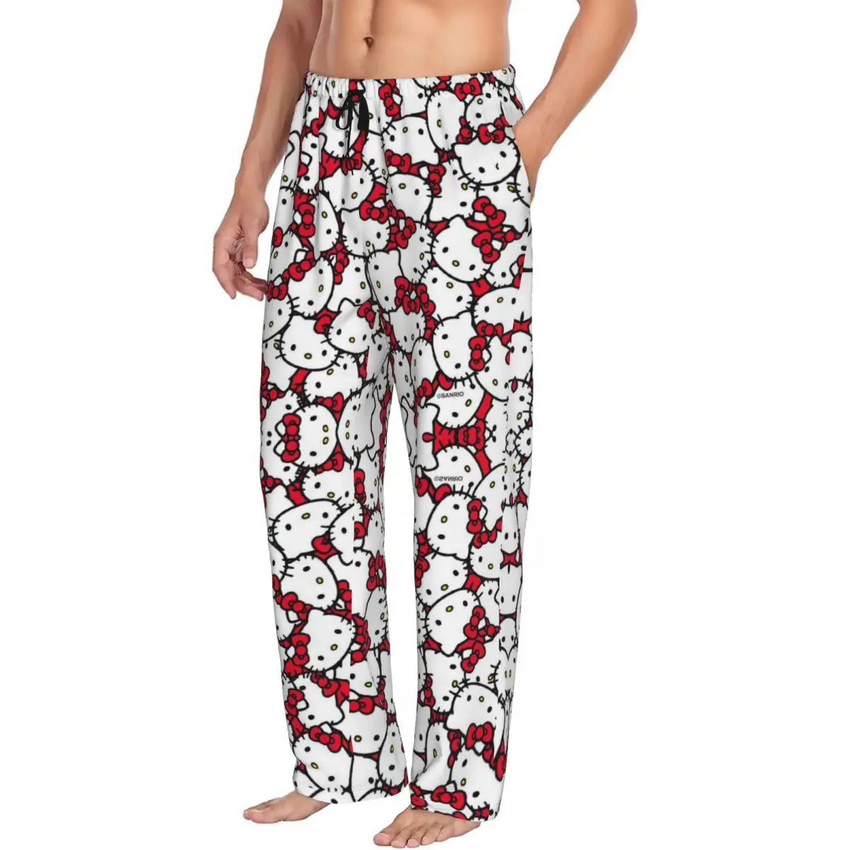 Pantalones de pijama con estampado personalizado de Hello Kitty para hombre, ropa de dormir con dibujos animados, pantalones con bolsillos