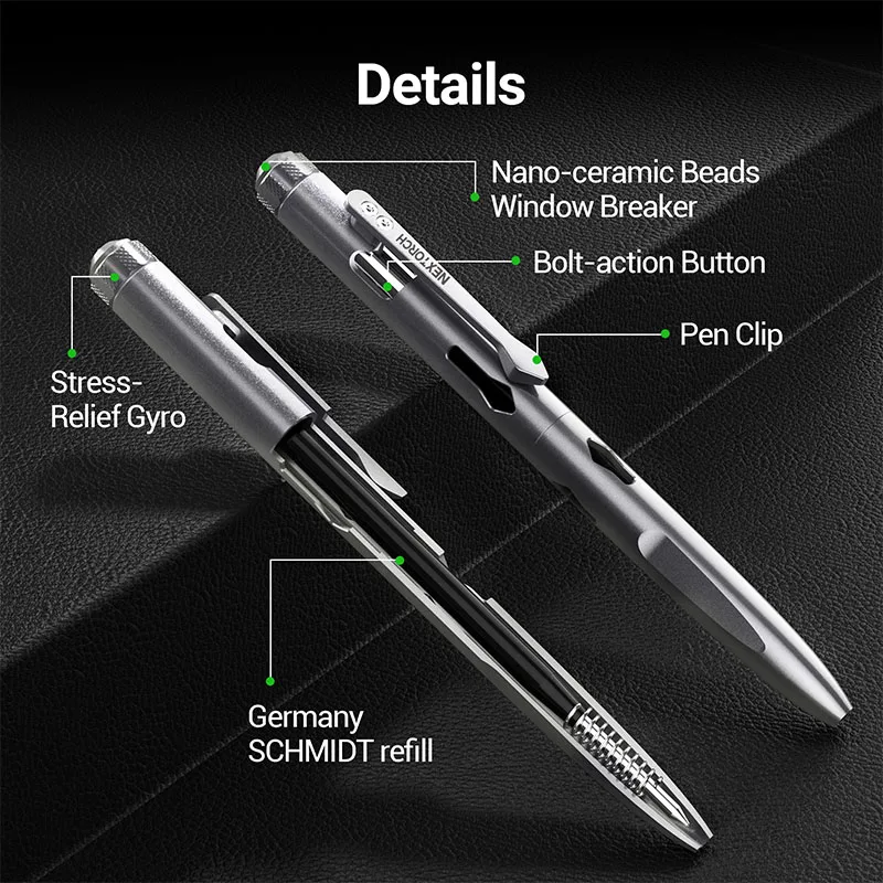 NEXTORCH NP11 Ti Titanium Tactical Pen, Tool Pen, Self Defense Pen, Ceramic Beads with Window Breakers, for 98mm Long Refills