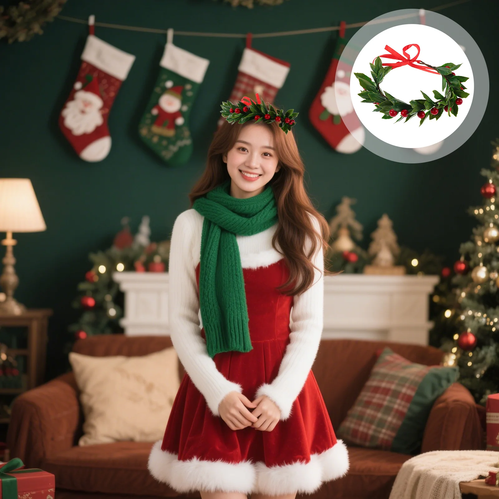 عيد الميلاد الأحمر التوت إكليل فو التوت جارلاند غطاء الرأس اكسسوارات الزفاف عطلة ديكور عيد الميلاد باب إكليل الشتاء الطرف #1