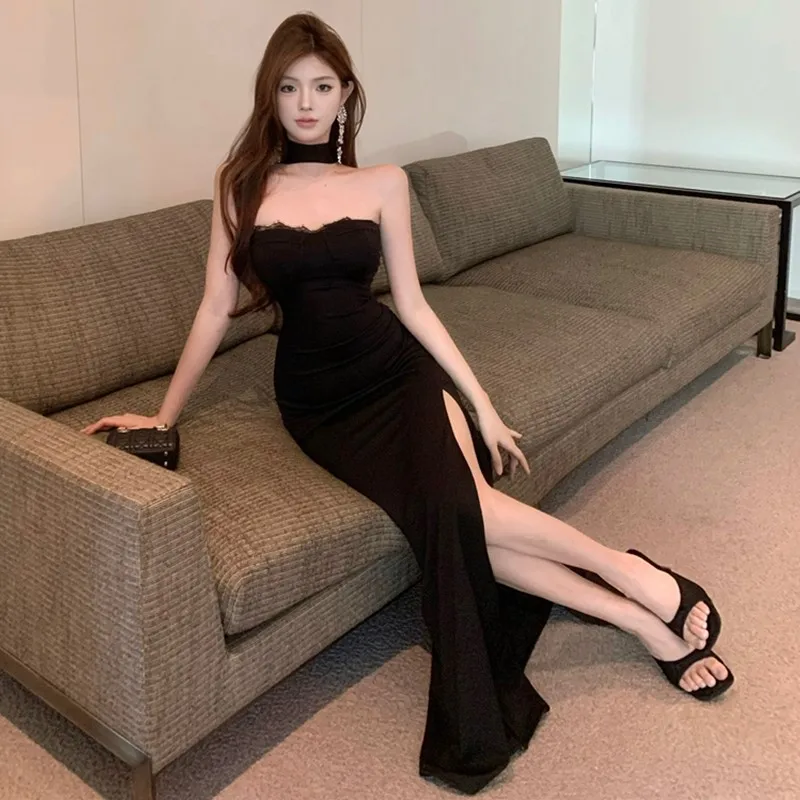 프랑스 사교계 시크 블랙 스트랩리스 홀터넥 이브닝 드레스 여성 우아한 레이스 섹시 백리스 바디콘 슬릿 정장 드레스 신상