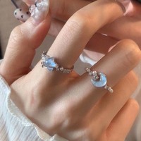 2025 New Trendy Blue Zircon Star Moon Open Rings For Women Exquisite Moonstone Pearl Adjustable Ring Engagement Jewelry Gift