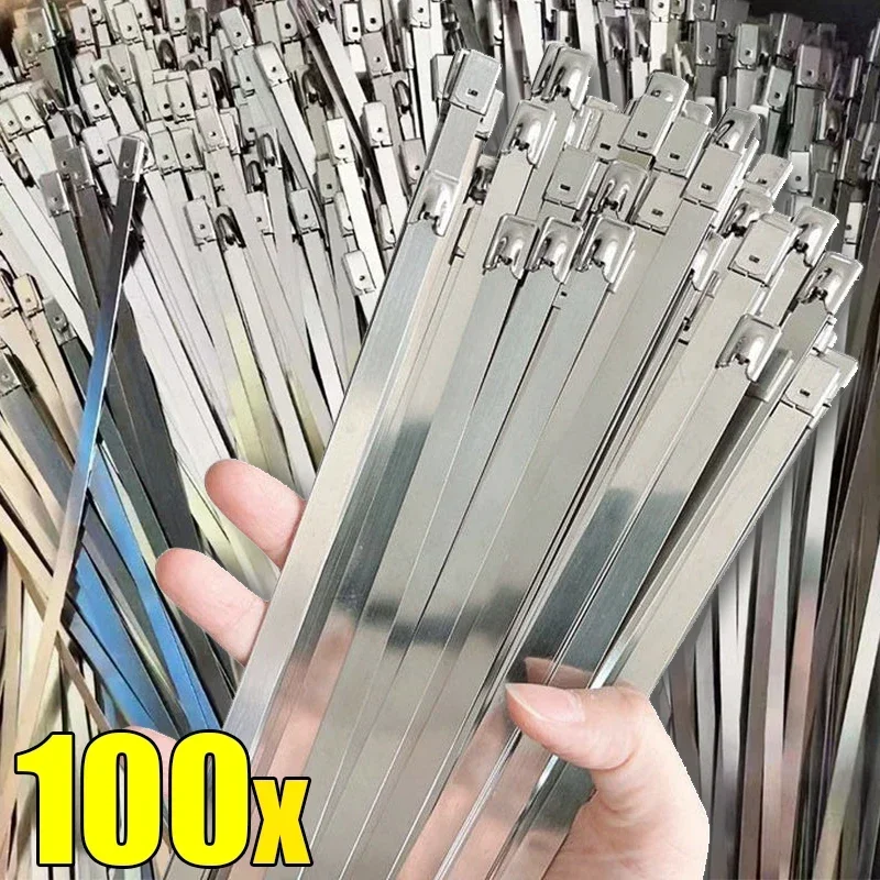 

100PCS Stainless Steel Cable Ties Self-sealing Fastening Cable Tie Heavy Duty Multifunction Metal Self Locking Zip Tie Clamps