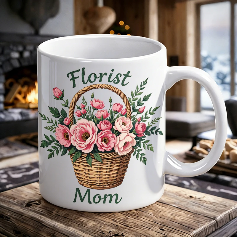 

Florist Mom Button Set - Pink Rose Wreath with Green Leaves on Cream Background Mother's Day printed Mug
