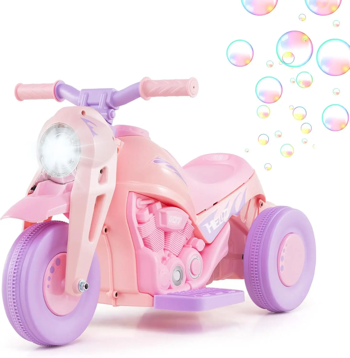 

6V Electric Ride On Motorcycle with Bubble Function, Foot Pedal, Headlight, Music, 3 Anti-Skip Wheels for Kids Ages 3+ (Violet)