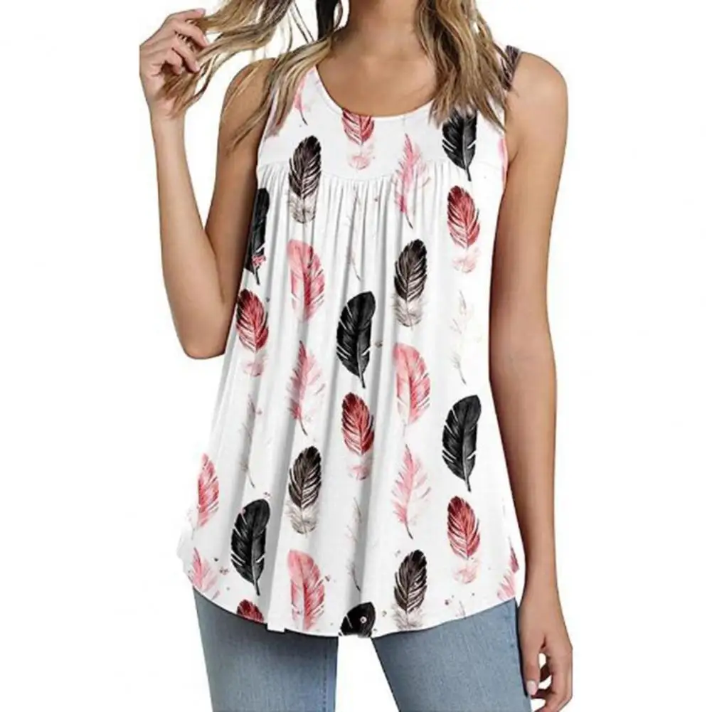 Tops elegantes com gola redonda para mulheres, regatas femininas sem mangas, estampa floral com coração plissado, bainha plissada solta, verão