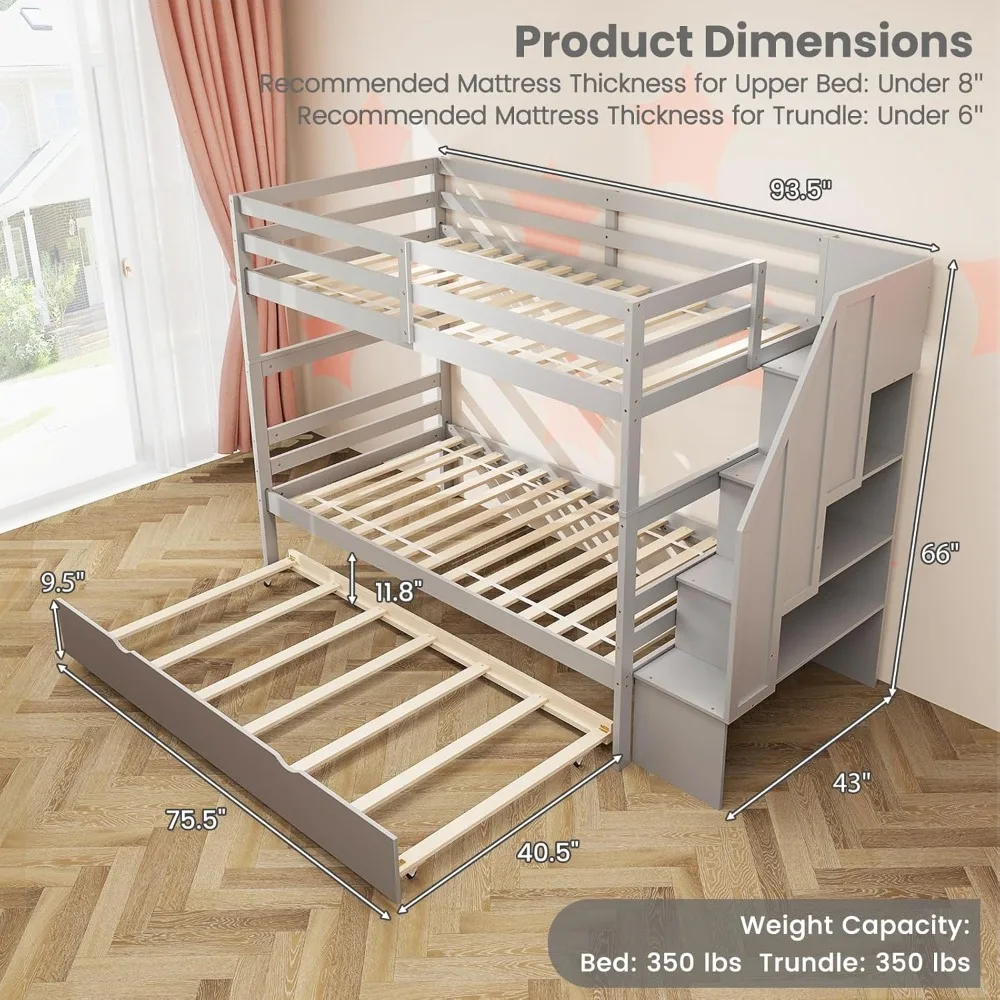 Wood Twin Over Twin Bunk Bed with Trundle & Storage Stairs, Bunk Bed Frame with Protective Guardrails for Kids Room, Bedroom