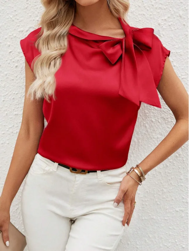 Women Summer Minimalist Shirt 2024 Elegant Women\'s Satin Pink Short Sleeved Lace-up Bow Neck Casual Fitting Office Shirt On Sale