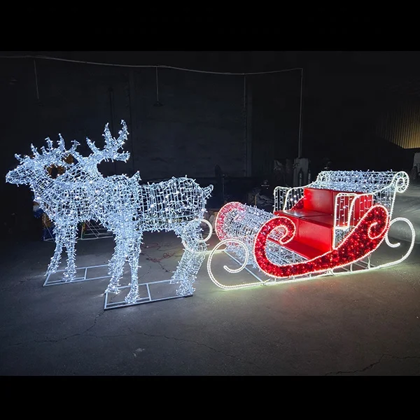 Waterproof large illuminated Christmas deer sleigh with sponge seats for Christmas decoration