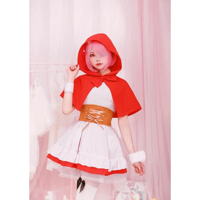 Anime Re: Life a Different World from Zero Ram Rem Caperucita Roja conjunto completo disfraz de cosplay de Halloween + pelucas para mujer yj4