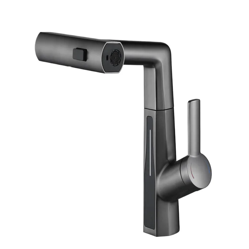 

All-copper pull-out Flying Rain Waterfall faucet, washbasin, hydroelectric power generation, digital display faucet, gun gray