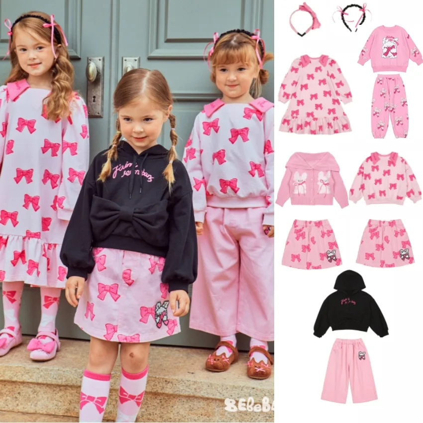 

Girls' Hoodie Set 2025 Autumn New Pink Printed Fashionable Girls' Dress Pure Cotton Cute Knitted Sweater Top Children's Clothing