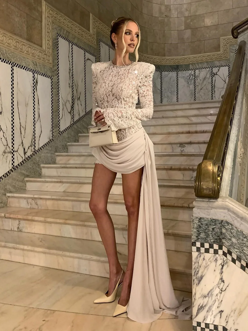 Modphy جودة عالية المرأة الدانتيل الترتر انفصال الشريط تصميم سليم فستان قصير بأكمام طويلة أنيقة المشاهير المدرج رداء حفلات