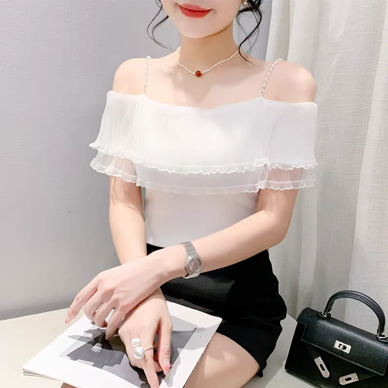 Fashion Summer Sweet Girl Sexy Off-Shoulder T-shirt Elegant Slash Neck Ruffle Slim Tops Women Chic Pearl Chain Suspenders Tees