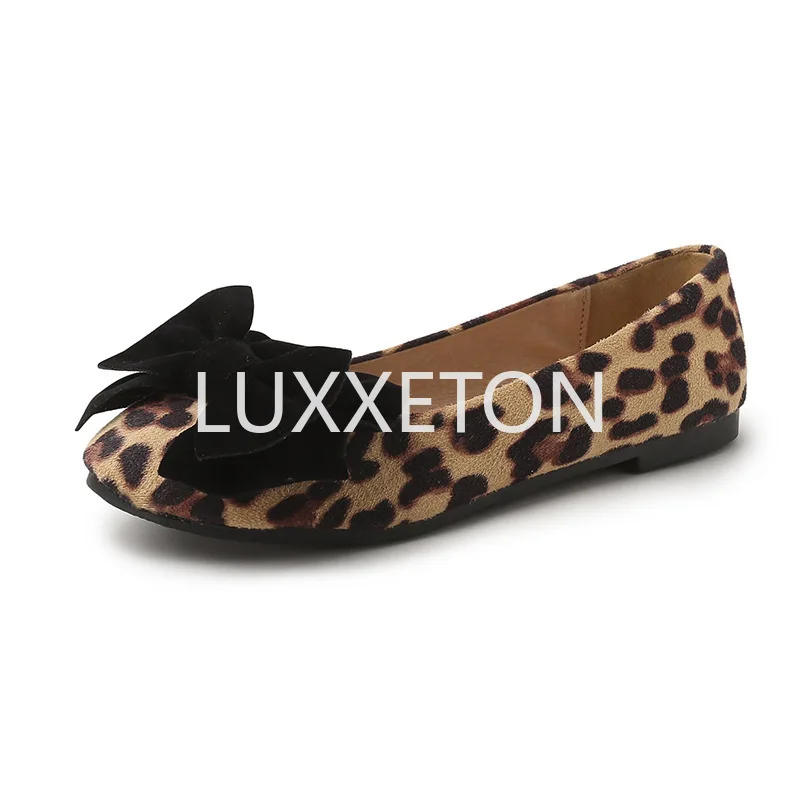 Spring and Autumn Korean Edition Bow Leopard Pattern Women's Pointed Shallow Mouth Shoes with One Step Flat Bottom Lazy Shoes