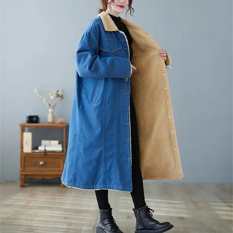 

2024 New Winter Coat Women Mid-Length Lamb Wool Denim Jacket Stylish Knee-Thick Overcoat Female Loose Cotton Shirt Outerwears