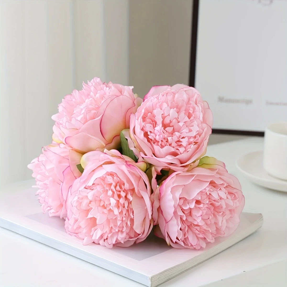 YO CHO 5 Stück große Pfingstrose, künstliche Seidenblume, Hochzeitsstrauß, Dekor, weiße Pfingstrose, Heimdisplay, gefälschte Blumenpackung, Herzpfingstrose, rosa Rose – Detail 8