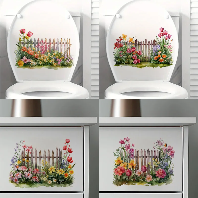 Beautiful Flowers and Fences Stickers, Spring Theme Decals, Bedroom Entryway Living Room Porch Home Decoration Wall Stickers