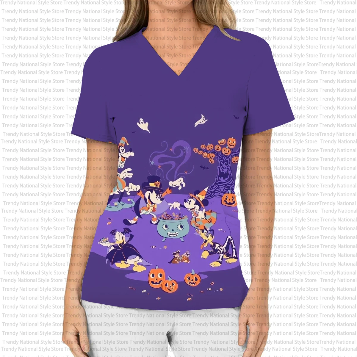 ديزني ميكي وميني هالوين المرأة العمل موحدة طباعة الخامس الرقبة جيب فرك العلوي الأسنان الحيوانات الأليفة متجر صالون تجميل تي شيرت