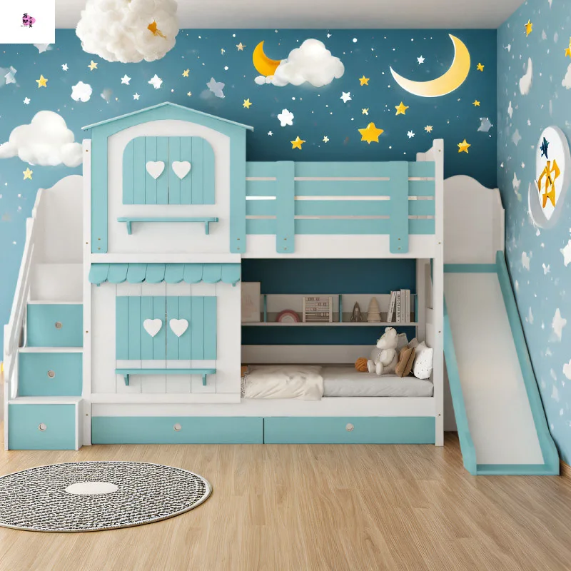 All Solid Wood Children's Bunk Bed Multifunctional Children's Castle Slide Bed