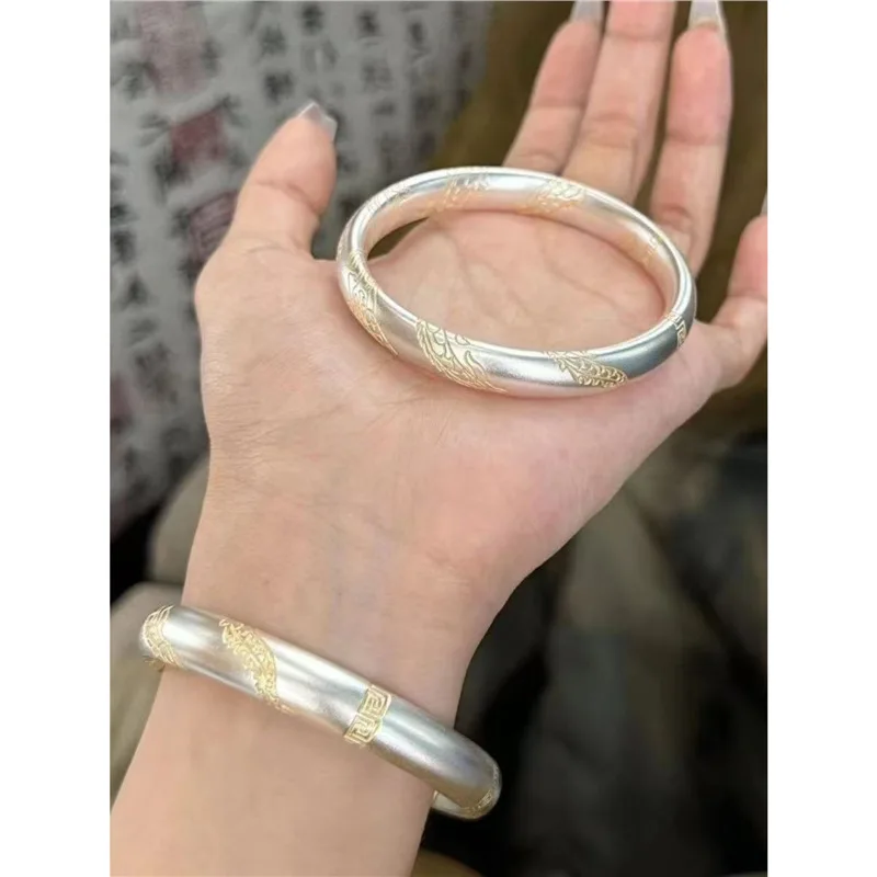 S999 Women'S Silver Ancient Method Auspicious Words Gold Pattern Matte Bracelet Fashion