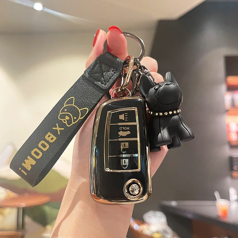 

4 Buttons TPU Car Flip Folding Key Case Cover for Nissan NV200 Sentra Versa Protector Holder Key Fob French Bulldog Keychain