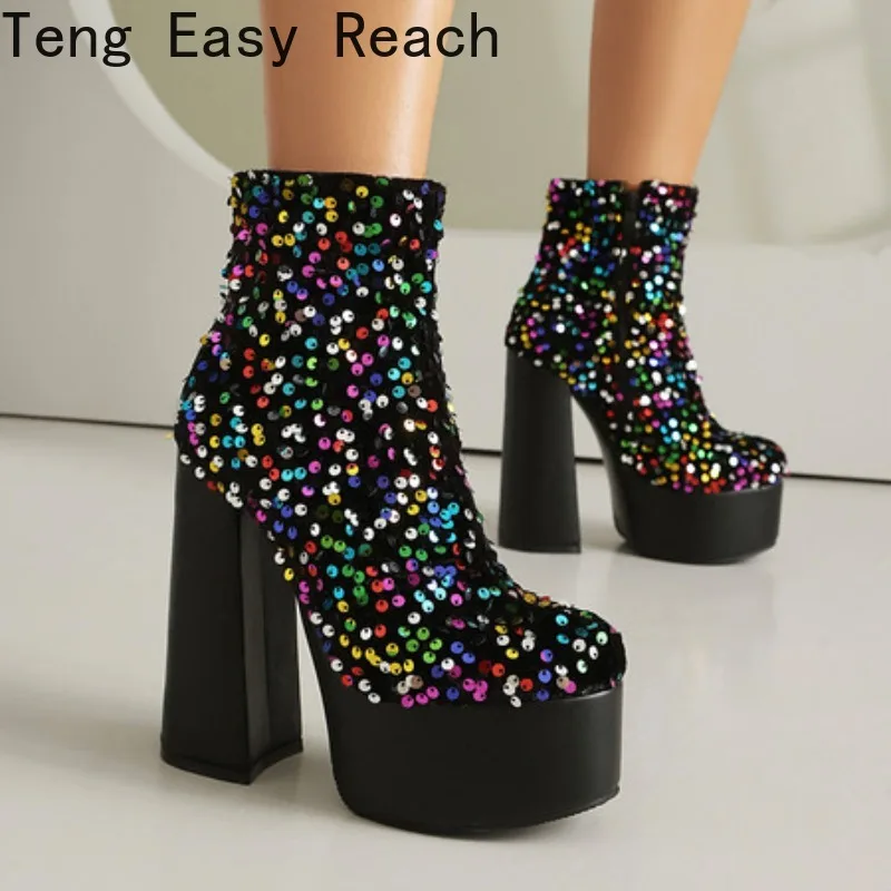 

Новинка 2024, осенне-зимние женские ботинки с блестками, черные женские ботильоны на платформе и квадратном высоком каблуке, женские ботильоны в стиле панк