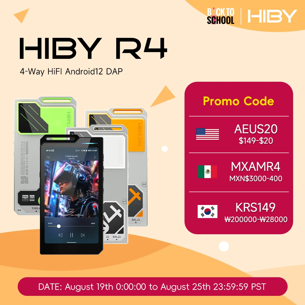 

HiBy R4 Snapdragon 665 ES9018Q2M*4 Android12 HiFi Music Player MP3 Audio Bluetooth WiFi DSD MQA USB DAC Headphone AMP 11hr 4.7''