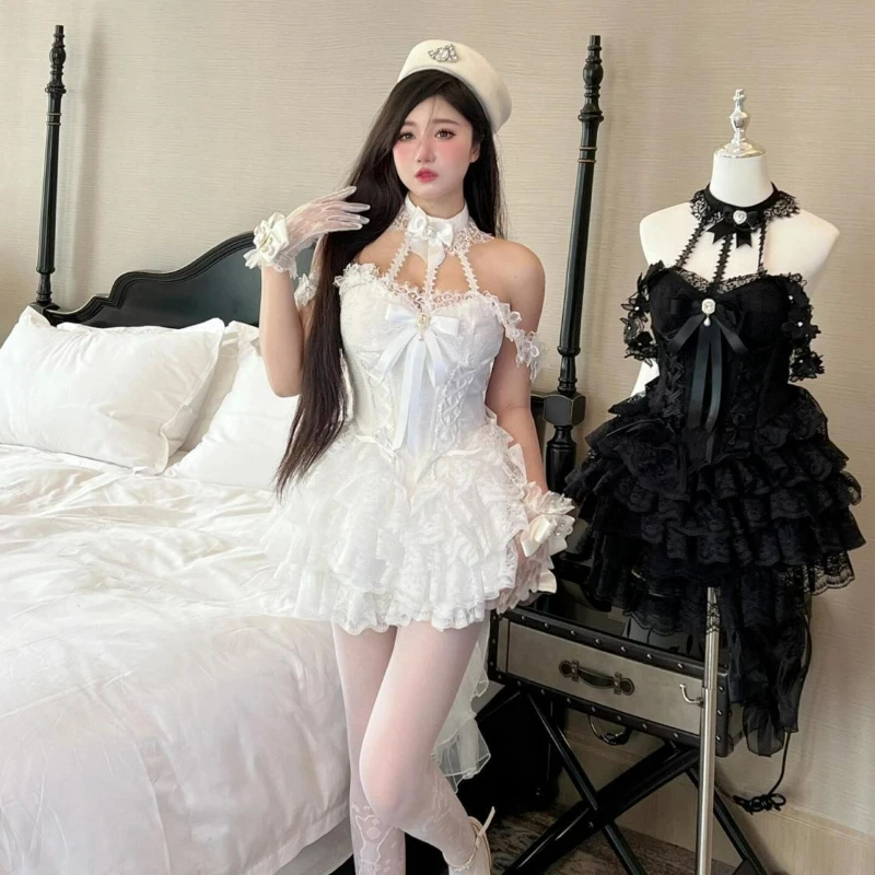 Women Harajuku Y2k Bow Lace Halter Neck Evening Party Mini Dresses Kawaii Black Red Deess Japanese Victorian Sweet Lolita Dress - view 4