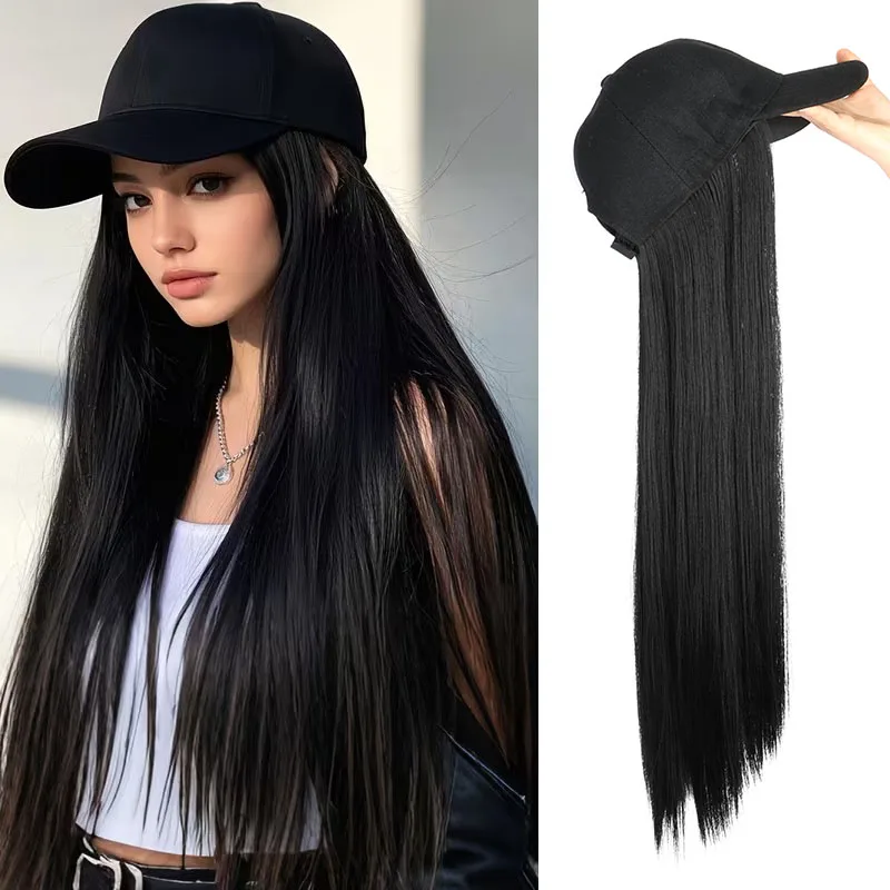 24Inch Synthetic Long Straight Black Baseball Cap All In One Hair Adjustable Hat Wig for Ladies Daily Street Style Outdoor Wear