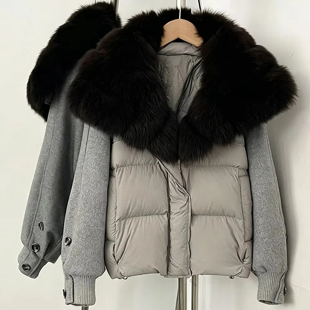Jacket with Fur Collar Thick Duck Down Coat Zipper Closure Oversized Fur Swear Thermal Ultra Warm Winter Season for Daily Luxury