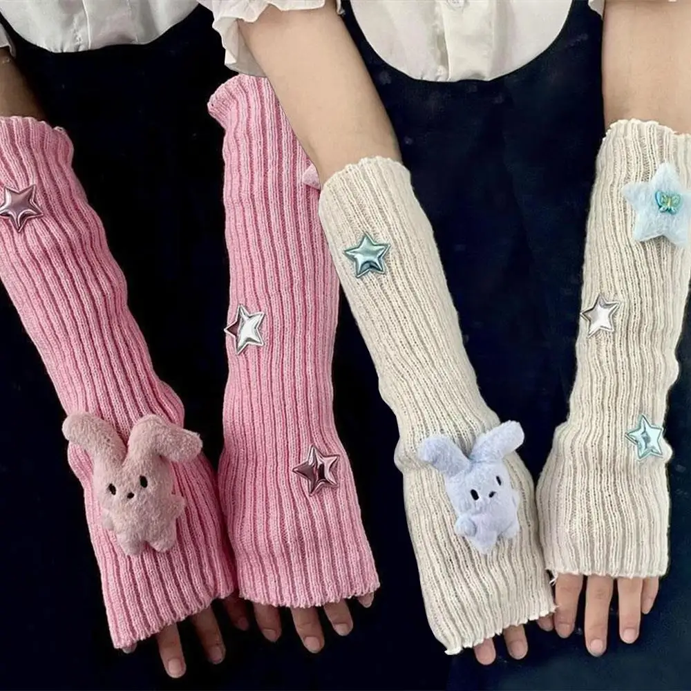 

Y2k Long Sleeve Fingerless Gloves Elbow Length Mittens Knit Arm Sleeve Soft Warm Outdoor Casual Rabbit Star Decor Sleeve Cover