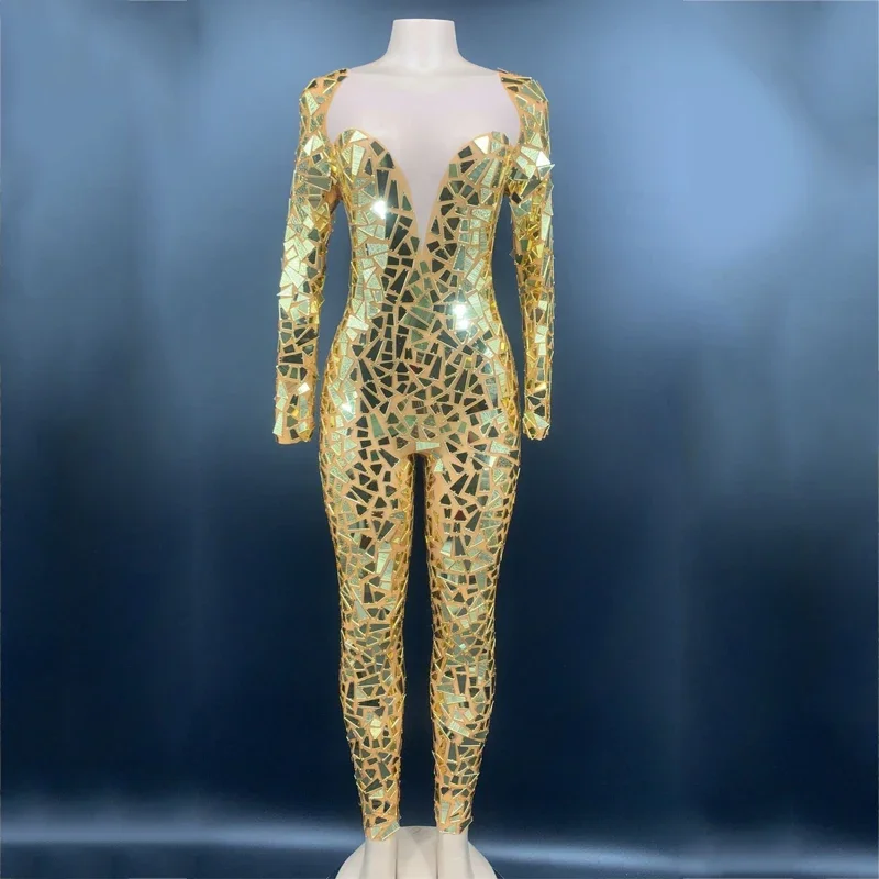 Shining Gold Mirrors Jumpsuit Gogo Dance Costume Sexy Net Yarn Bodysuit Nightclub Women Pole Dance Outfit Stage Wear XS3401