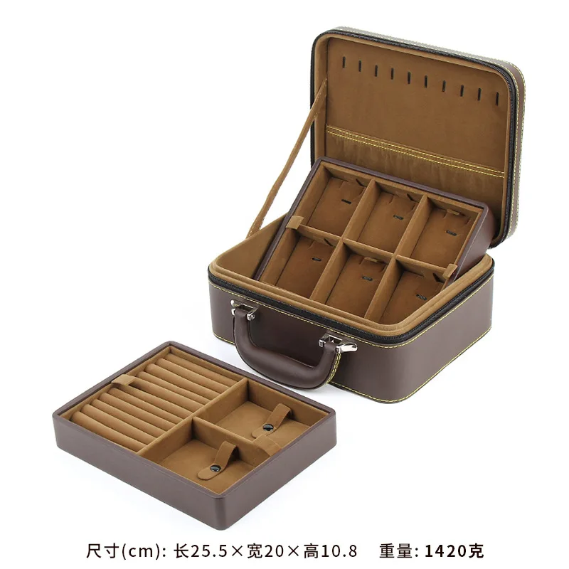 Leather Multifunctional Travel Portable Professional  Lox with Double-layer Detachable Jewelry Kollection