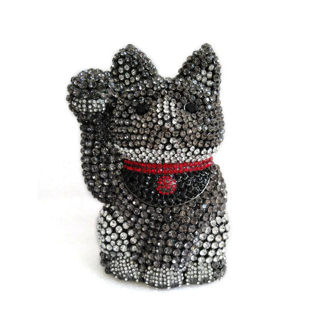 

2025 New Product Luxury Dark Gray Rhinestone Crystal Bridal Lucky Cat Ladies Kid Clutch Evening Bag