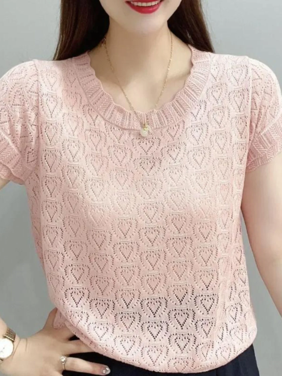 blusa-feminina-de-trico-vazada-fina-de-manga-curta-para-o-verao-2026-nova-cor-lisa-com-bolso-e-lenco-para-gestantes-e-que