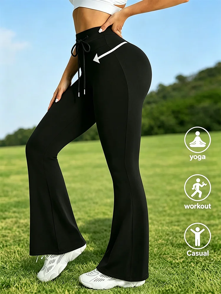 Ladies' Elegant Flared Pants - Drawstring Waist Design, High-Waisted Sport Pants, Fashionable Yoga Leggings, Commuting Trousers