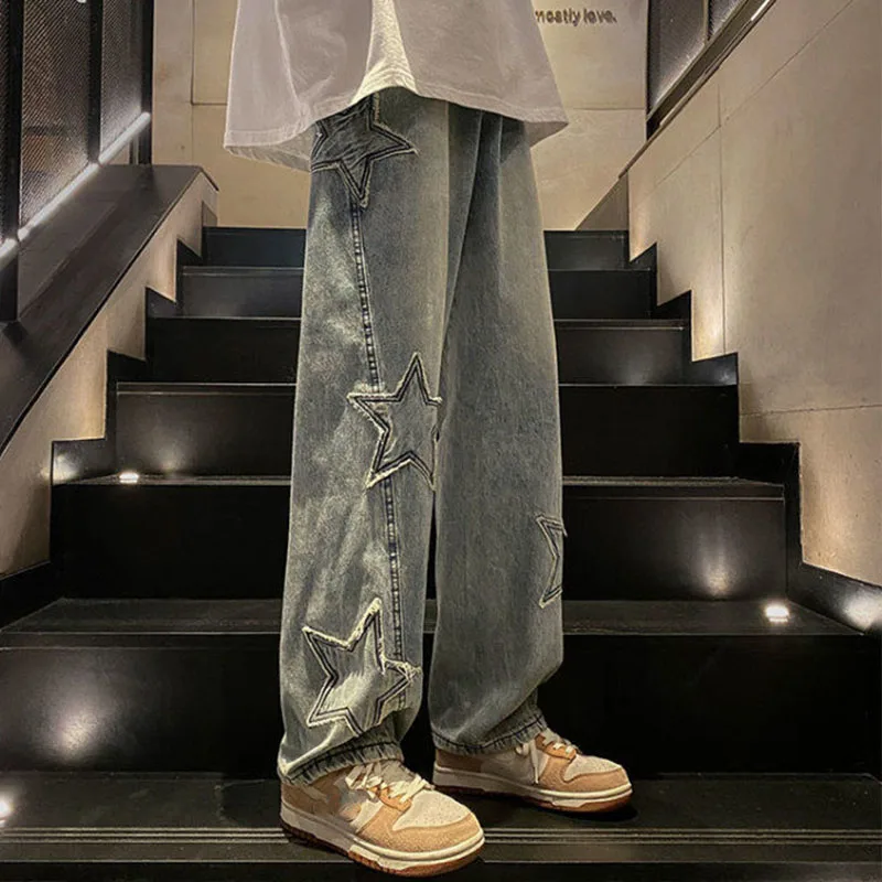 

Zoki Vintage Streetwear Denim Pants Y2K Women Hip Hop Baggy Wide Leg Pants Bf Harajuku High Waist Star Splicing Jean Trousers