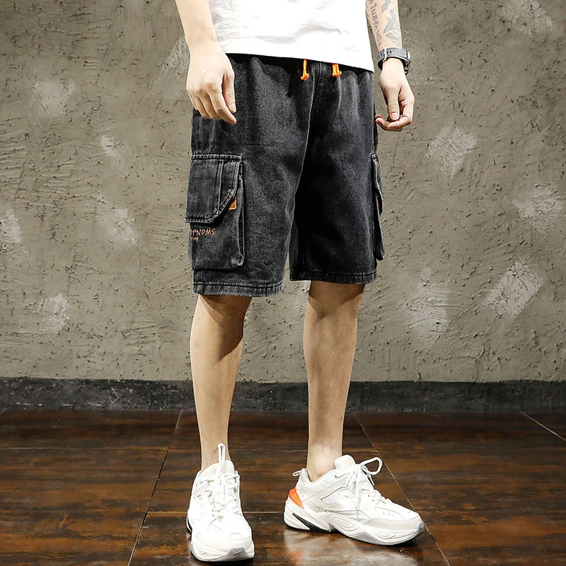 With Pockets Bermuda Man Denim Shorts Cargo Summer Short Jeans Pants for Men Cut Thin Harajuku Xl Korean Fashion Buttons Retro